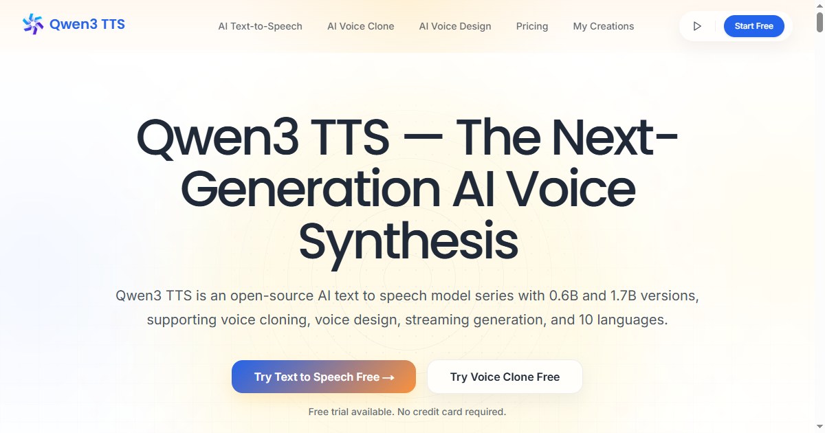Qwen3 TTS official website homepage showing the product interface and primary workflow